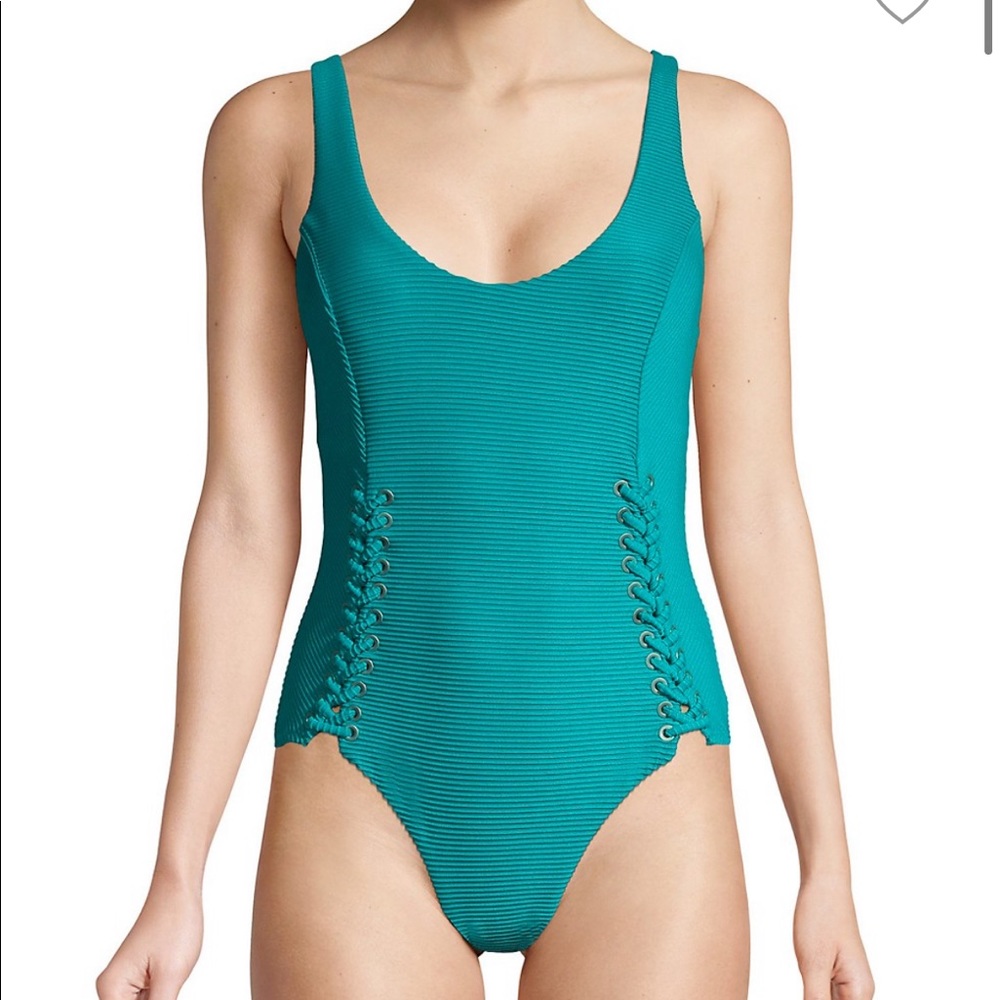 Red Carter Lace-up ribbed one piece swimsuit